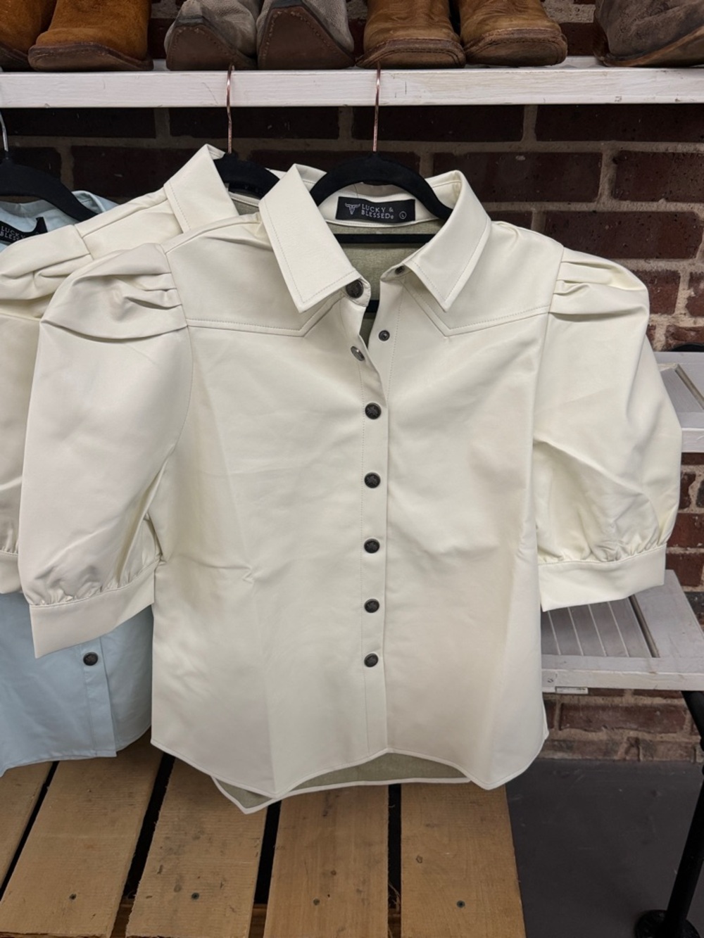 Luck & Blessed Cream Puff Sleeve faux leather Button-Up Blouse